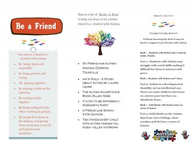 The brochure includes tips on how to be a friend to a student with autism and a list of books to read.